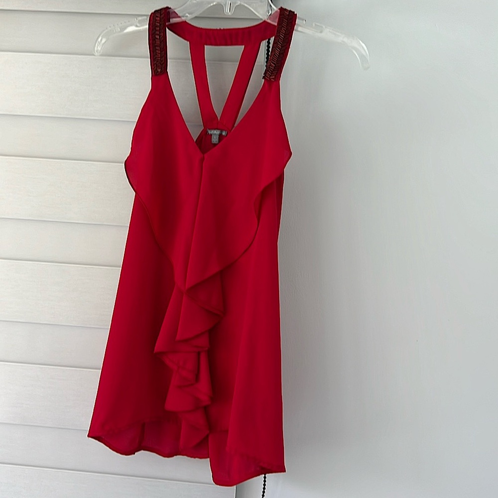 Red top, small, beaded straps and front ruffle